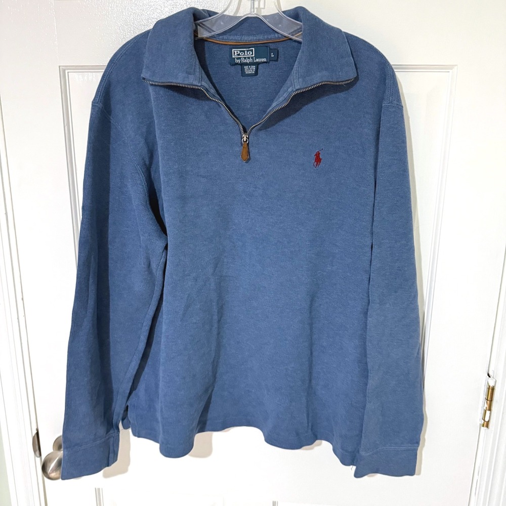 Polo Ralph Lauren Mens Blue Cotton Ribbed Quarter Zip Pullover Sweater Large